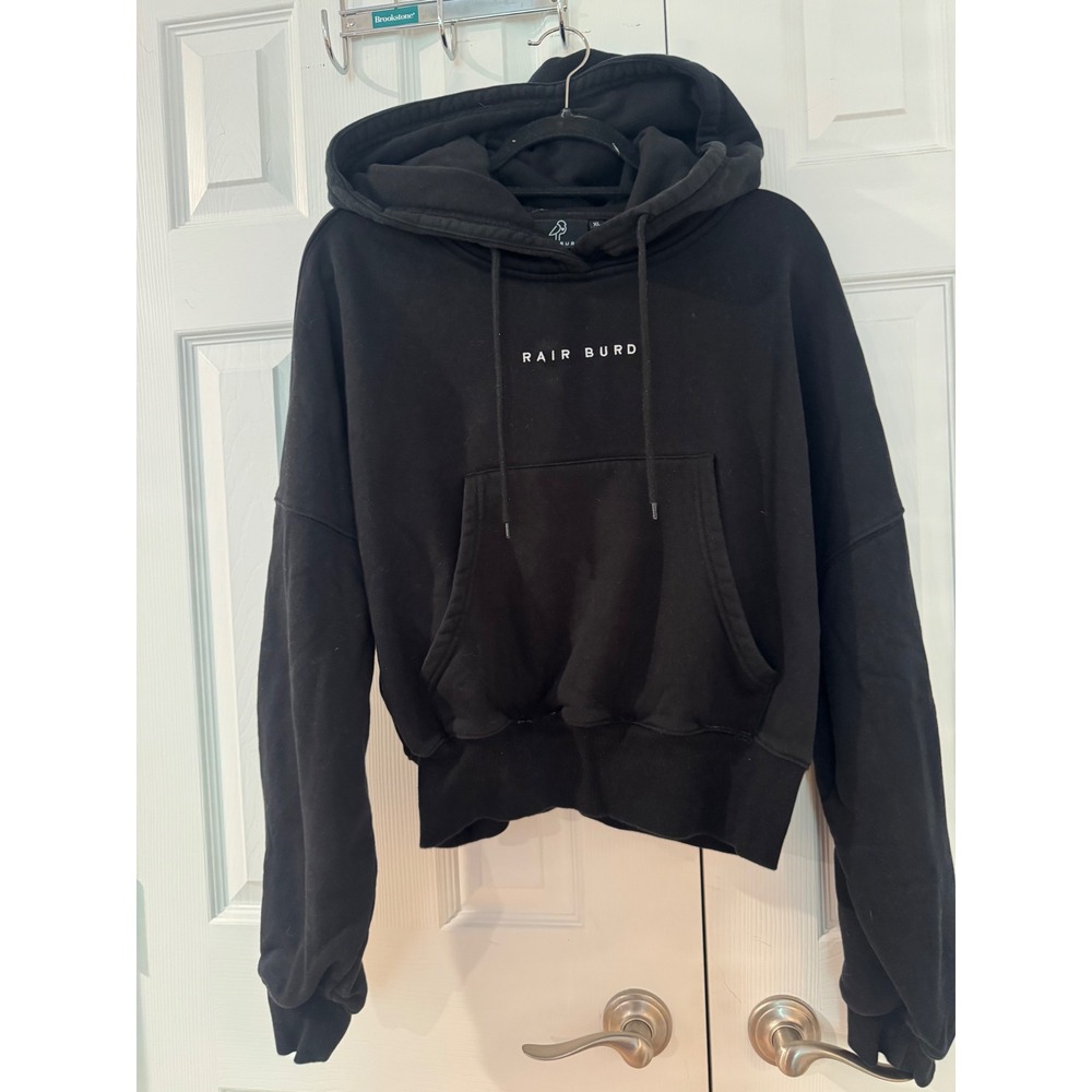 Rair Burd Women Black Cropped Hoodie Sweatshirt XL Embroidered Logo Boxy Fit